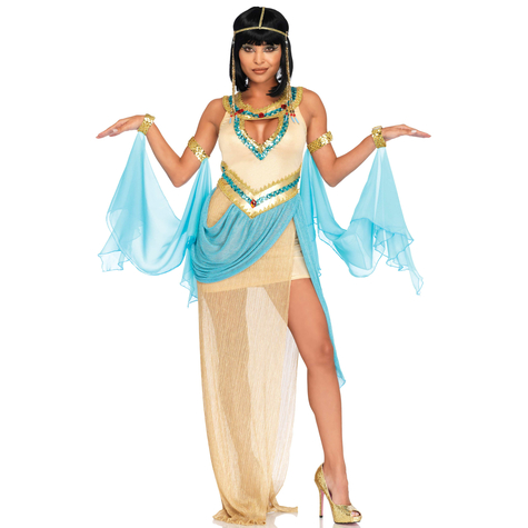 3 Lingurițe. Costum Cleopatra, Include O Rochie Mini Galbenă Și Aurie Cu Decolteu Adânc Împodobit Cu Paiete, Cu Fustă Lungă Și Transparentă, Brățări Din Paiete Cu Șifon Drapat Și Bentiță Asortată Cu Mărgele.